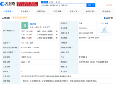薇婭與丈夫參與投資設立新公司 經(jīng)營范圍含企業(yè)管理咨詢等
